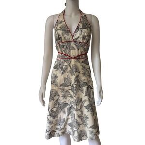 I Dress Vintage Corduroy Floral Halter Midi Dress Cream Black Red Piping Size 2